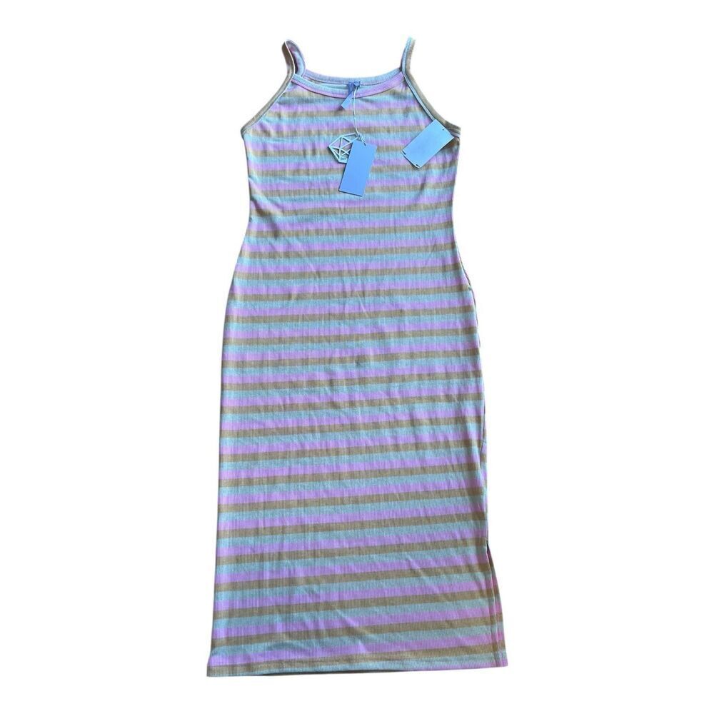 Good Luck Girl Pink Striped Knit Midi Bodycon Tank Dress L